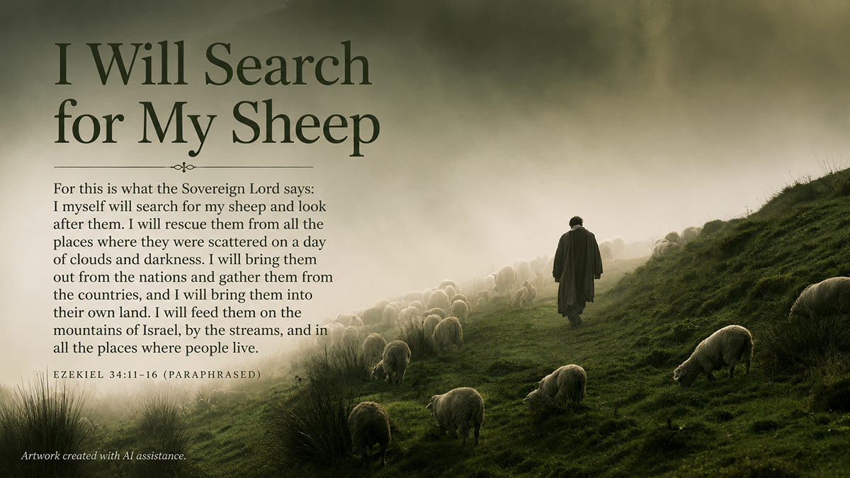 I Will Search for My Sheep, a wide 16:9 photo-realistic image of a shepherd walking through soft morning mist toward scattered sheep on a hillside. The image includes the title I Will Search for My Sheep and a paraphrase of Ezekiel 34:11-16.