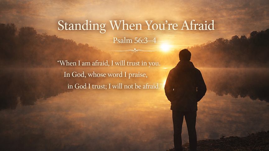 Standing When You’re Afraid, A wide 16:9 photo-realistic image of a person standing at the edge of a calm lake at sunrise, gentle mist on the water, hands tucked in a jacket, facing the light, symbolizing fear met with quiet trust.