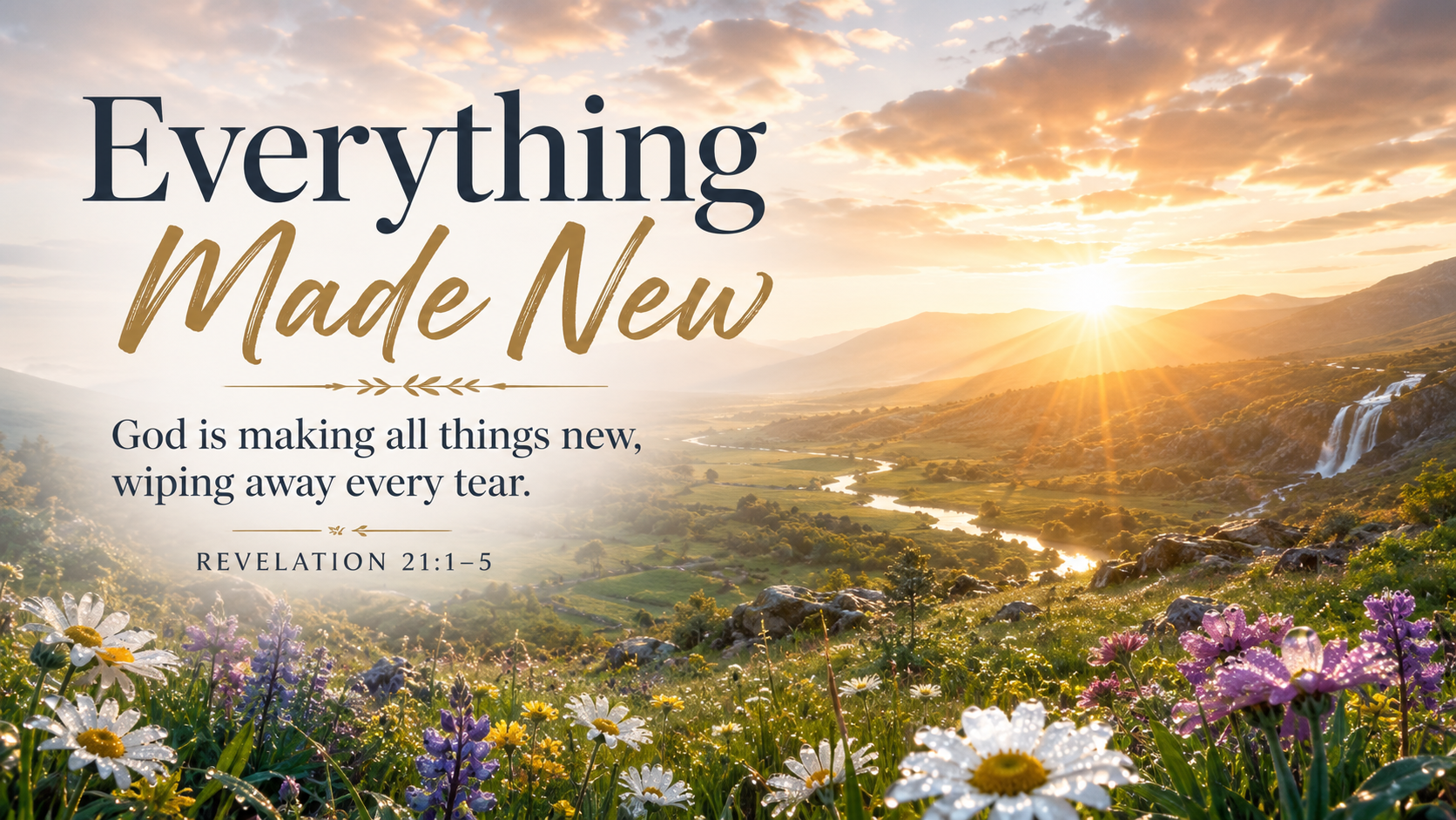Everything Made New: A wide 16:9 photo-realistic image of dawn breaking over a restored landscape with flowers blooming after rain, symbolizing God’s promise of new creation. The image includes the title Everything Made New and a paraphrase of Revelation 21:1–5.