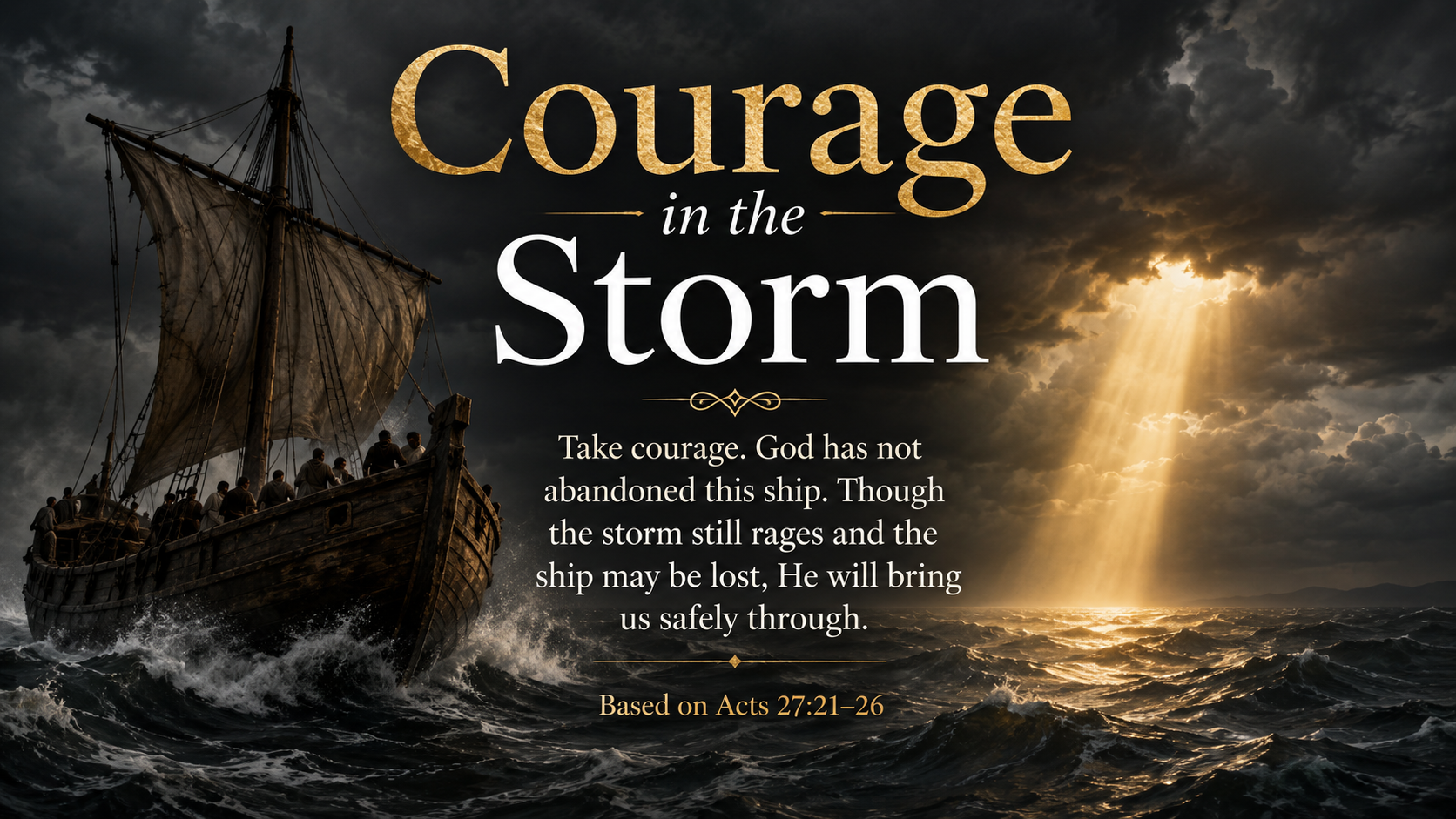 Courage in the Storm, a wide 16:9 photo-realistic image of an ancient wooden ship struggling through high waves beneath dark clouds. A narrow beam of warm light breaks through ahead. The image includes the title Courage in the Storm and the paraphrase, &ldquo;When the usual guides disappear, God still knows the way.&rdquo;