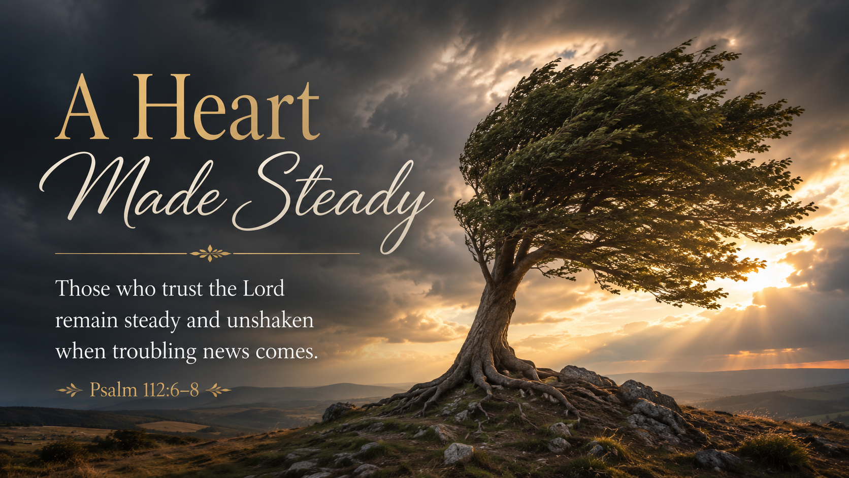 A Heart Made Steady &mdash; A wide 16:9 photo-realistic image of a deeply rooted tree standing firm while strong wind moves its branches beneath a darkening sky. Warm light breaks through the clouds, symbolizing the promise that those who trust in the Lord can remain steady and unshaken even when troubling news comes. The image includes the title A Heart Made Steady and a paraphrase of Psalm 112:6&ndash;8.