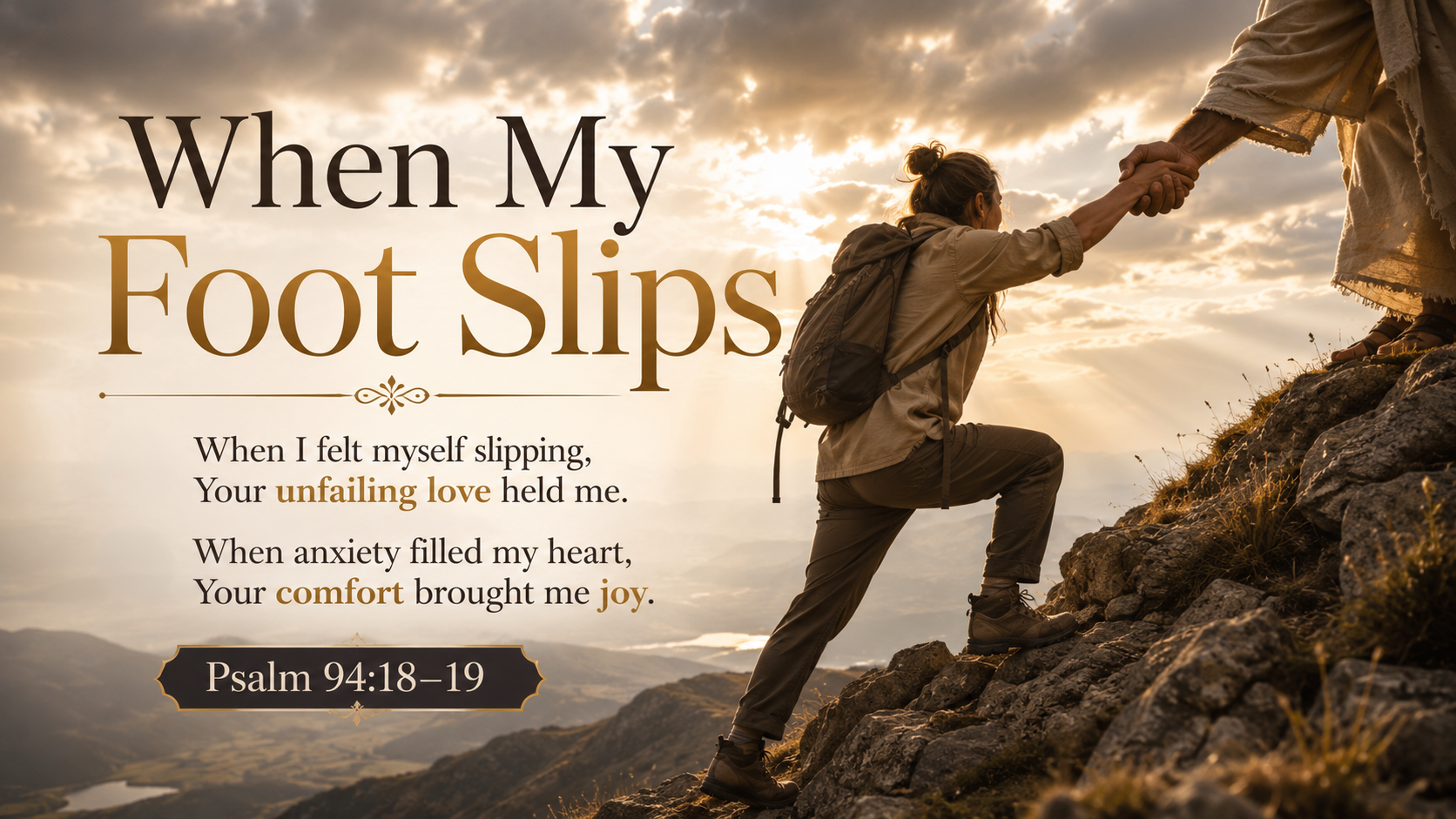 When My Foot Slips &mdash; A wide 16:9 photo-realistic image of a person standing carefully on a rocky hillside while a strong hand reaches down to steady them. Morning light breaks through heavy clouds, symbolizing God&rsquo;s unfailing love holding us up when anxious thoughts threaten to overwhelm us. The image includes the title When My Foot Slips and a paraphrase of Psalm 94:18&ndash;19.
