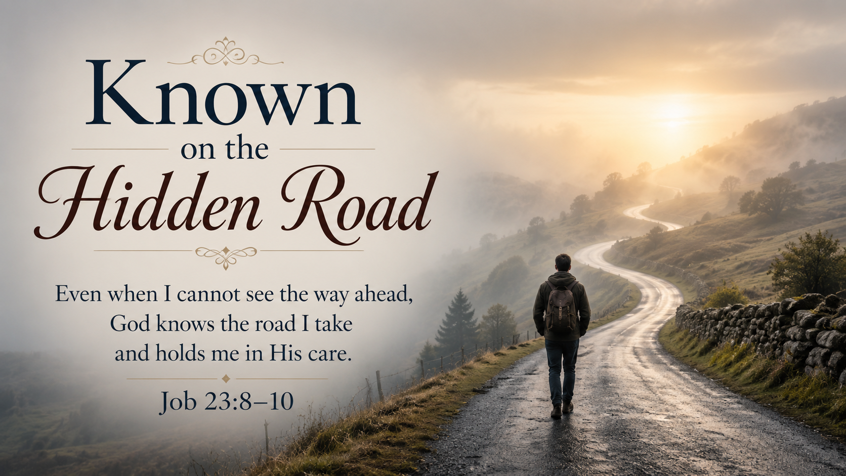 Known on the Hidden Road &mdash; A wide 16:9 photo-realistic image of a winding road disappearing into heavy morning fog while a soft light glows farther ahead. A solitary traveler continues forward, symbolizing the promise that even when we cannot see where God is, He still knows the way we take and holds us in His care. The image includes the title Known on the Hidden Road and a paraphrase of Job 23:8&ndash;10.