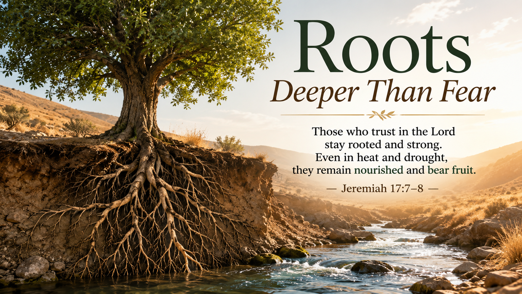 Roots Deeper Than Fear &mdash; A wide 16:9 photo-realistic image of a strong green tree beside a flowing stream during a hot, dry season. Part of the soil is shown beneath the surface, revealing deep roots reaching the water, symbolizing the truth that those who trust in the Lord remain nourished and steady even when heat and drought come. The image includes the title Roots Deeper Than Fear and a paraphrase of Jeremiah 17:7&ndash;8.
