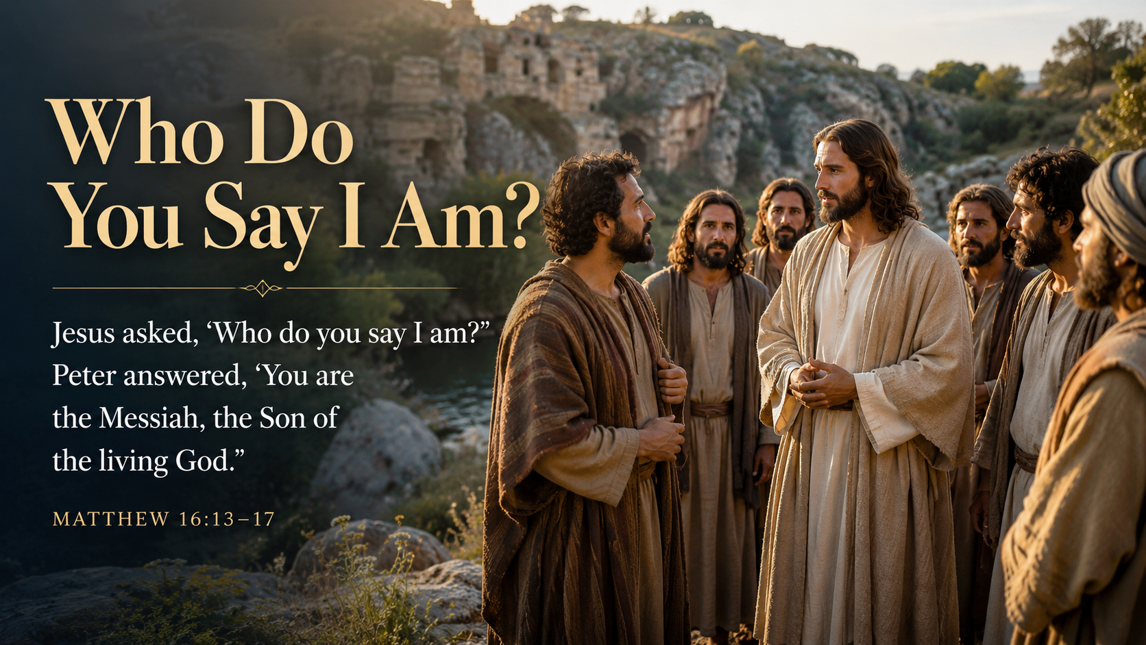 Who Do You Say I Am? A wide 16:9 photo-realistic image of Jesus and His disciples standing near Caesarea Philippi, with Peter looking toward Jesus as the others listen. The image includes the title Who Do You Say I Am? and a paraphrase of Matthew 16:13&ndash;17.