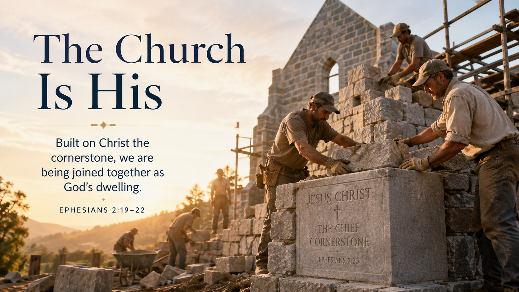 The Church Is His. A wide 16:9 photo-realistic image of a stone church being built around a prominent cornerstone in warm morning light, with workers placing stones together. The image includes the title The Church Is His and a paraphrase of Ephesians 2:19&ndash;22.