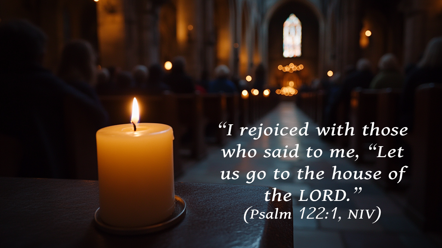 Inside a softly lit church, candles glow along stone walls as people sit quietly in prayer, creating an atmosphere of stillness and unity. The scene captures Advent peace within sacred walls, reflecting prayer, calm, and divine presence.