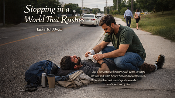 Stopping in a World That Rushes — A modern-day, realistic photo of a man kneeling on the side of a city street, gently bandaging the arm of an injured man lying on a blanket near the curb. Cars and pedestrians move past in the background, emphasizing the contrast between a hurried world and an act of compassion. The image includes the scripture from Luke 10:33–35 overlaid on the scene, highlighting mercy that chooses to stop and care when others keep going.