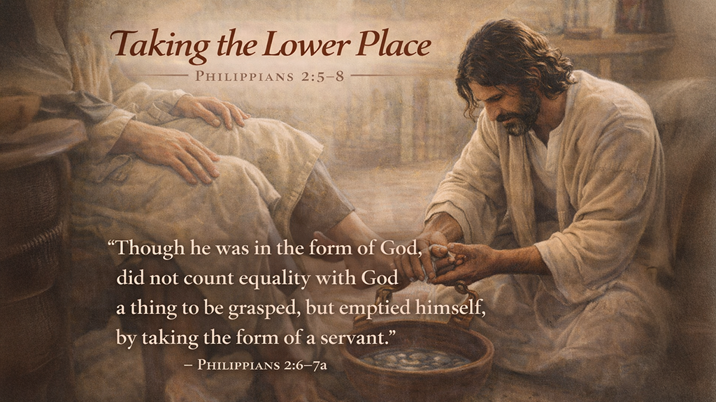 Taking the Lower Place — A 16:9 image showing Jesus kneeling to wash another person’s feet, capturing a quiet moment of humility and service. Jesus is positioned lower, focused and gentle, while the other figure sits above Him, emphasizing the act of self-giving love. Warm, soft lighting highlights the intimacy of the scene. The image includes the title Taking the Lower Place and scripture from Philippians 2:5–8, underscoring Jesus’ choice to release status and power in order to serve.