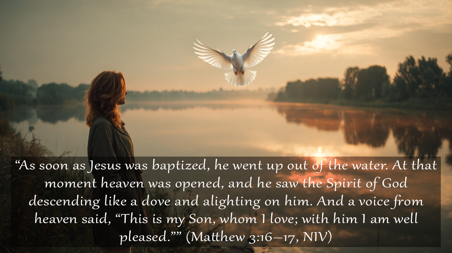 Matthew 3:16-17 Named before we begin - A person standing quietly at the edge of a river at sunrise, reflecting peacefully, illustrating the assurance of God’s love and identity before action.
