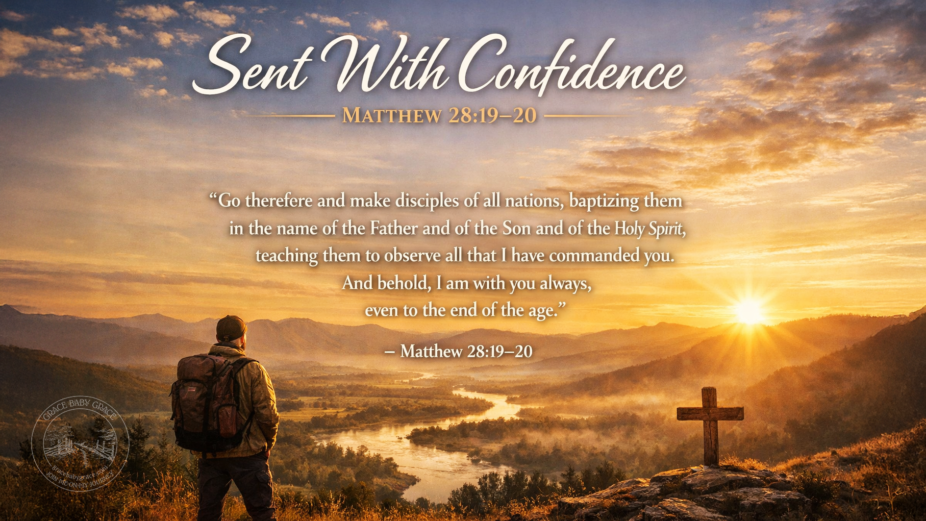 A wide devotional image showing a weary man kneeling on rocky ground with his hands clasped in prayer, as a gentle hand rests on his shoulder and warm light breaks through the clouds. The scene reflects comfort and trust in God during moments of doubt and includes the full scripture from Mark 9:23–24 with the title “Held When We Doubt.”