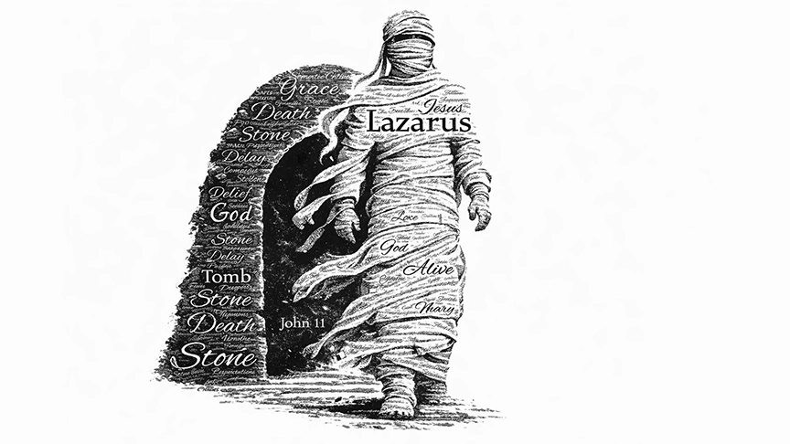John 11:1-45 word cloud in the shape of Lazarus