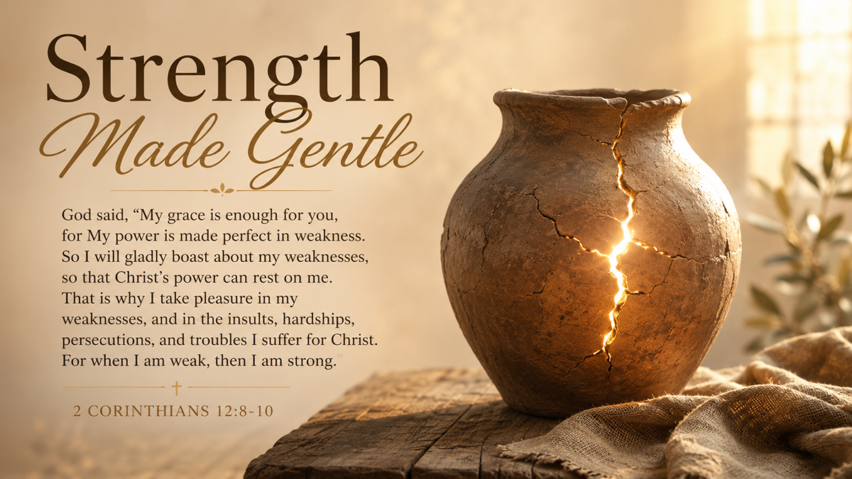 Strength Made Gentle, a wide 16:9 photo-realistic image of soft light shining through a cracked clay jar on a wooden table, symbolizing Christ&rsquo;s strength revealed in weakness. The image includes the title Strength Made Gentle and a paraphrase of 2 Corinthians 12:8-10.