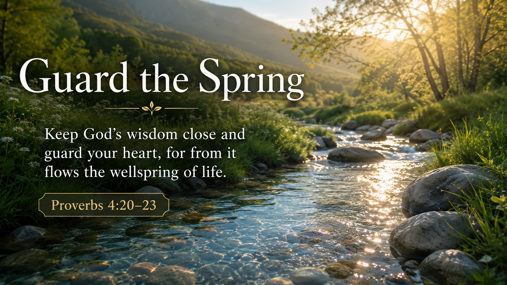 Guard the Spring: A wide 16:9 photo-realistic image of a clear spring flowing through green grass and smooth stones, with sunlight reflecting on the water. The image includes the title Guard the Spring and a paraphrase of Proverbs 4:20–23.