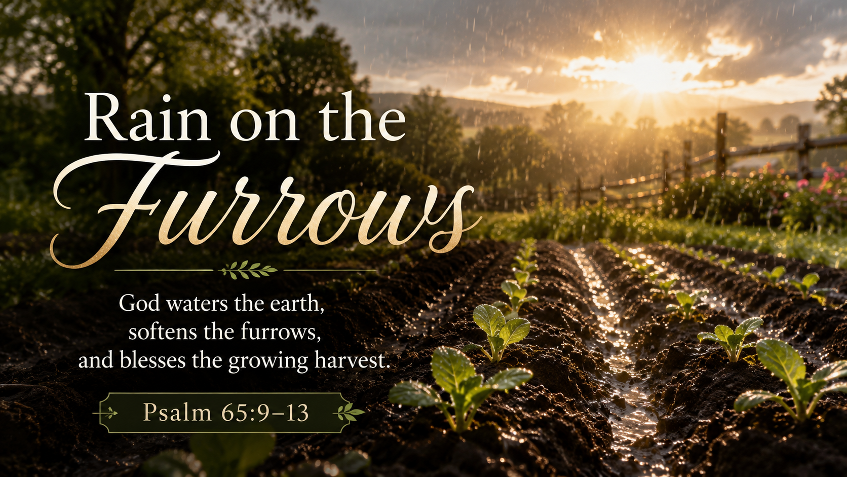 Rain on the Furrows: A wide 16:9 photo-realistic image of gentle rain falling on freshly plowed garden rows, with small green shoots beginning to rise and soft sunlight breaking through clouds. The image includes the title Rain on the Furrows and a paraphrase of Psalm 65:9&ndash;13.