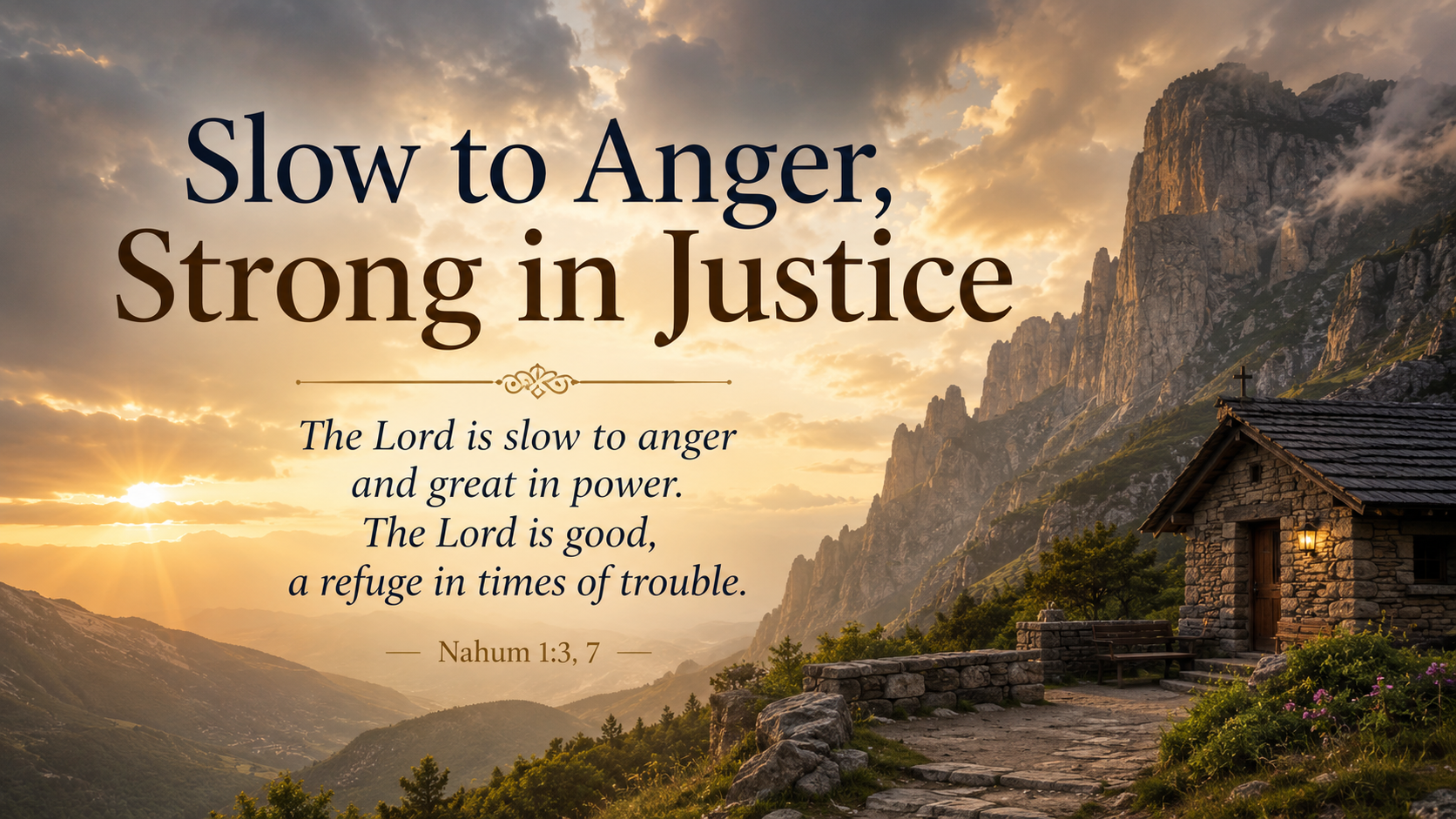 Slow to Anger, Strong in Justice — A wide 16:9 photo-realistic image of a quiet mountain refuge at sunrise, with strong cliffs in the background and warm light breaking through storm clouds. The image includes the title Slow to Anger, Strong in Justice and a paraphrase of Nahum 1:3, 7.