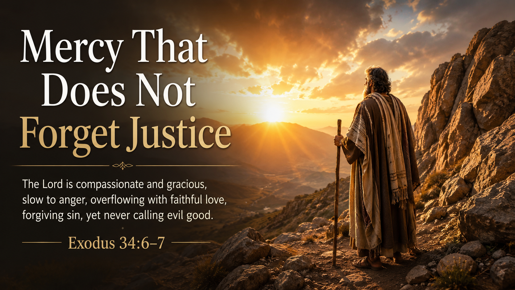 Mercy That Does Not Forget Justice: A wide 16:9 photo-realistic image of Moses standing near rugged mountain rocks at sunrise, with warm light breaking through clouds. The image includes the title Mercy That Does Not Forget Justice and a paraphrase of Exodus 34:6–7.