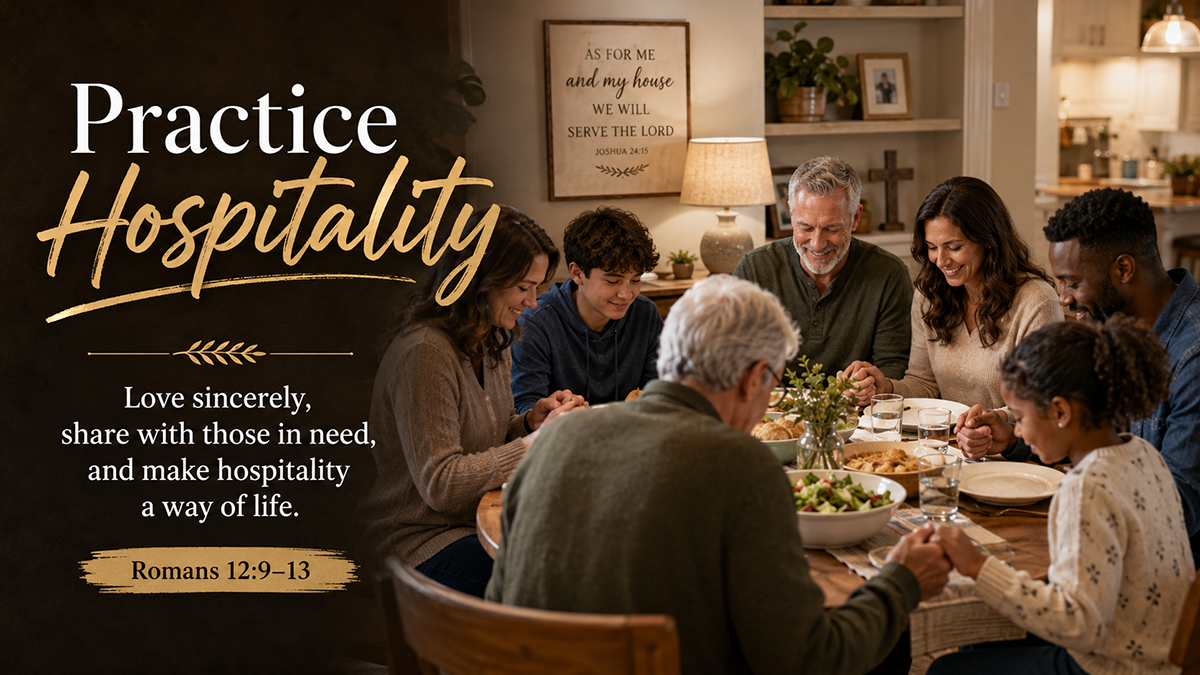 Practice Hospitality: A wide 16:9 photo-realistic image of a modern family and church friends gathered around a simple table, sharing food, laughter, and prayer in a warm home. The image includes the title Practice Hospitality and a paraphrase of Romans 12:9&ndash;13.