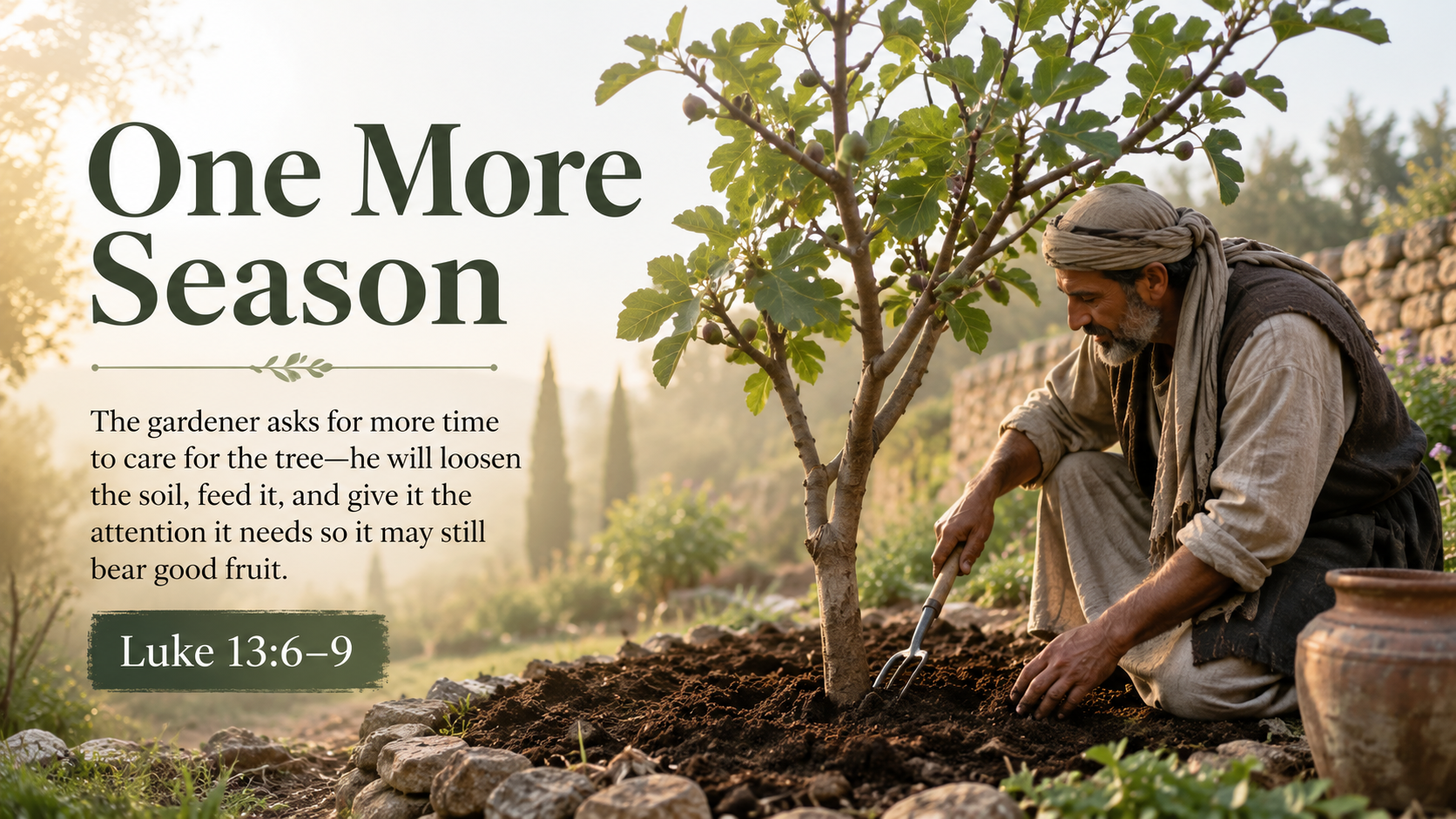 One More Season: A wide 16:9 photo-realistic image of a gardener kneeling beside a small fig tree, loosening the soil around its roots in soft morning light. The image includes the title One More Season and a paraphrase of Luke 13:6–9.
