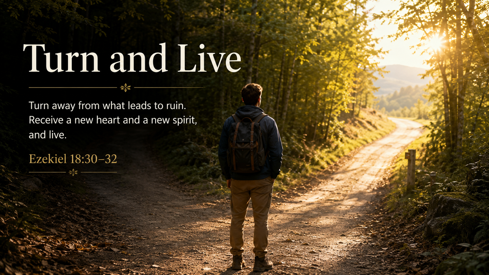 Turn and Live: A wide 16:9 photo-realistic image of a person standing at a fork in a wooded path, turning toward a sunlit road that leads out of shadow. The image includes the title Turn and Live and a paraphrase of Ezekiel 18:30&ndash;32.