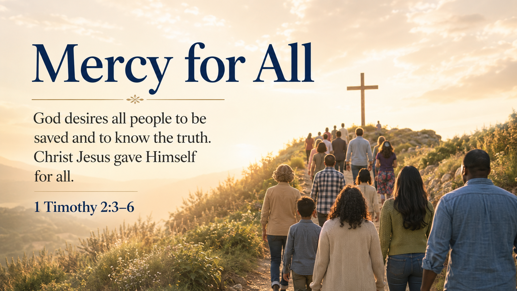 Mercy for All: A wide 16:9 photo-realistic image of a diverse group of people standing along a sunlit path leading toward a simple wooden cross in the distance. The image includes the title Mercy for All and a paraphrase of 1 Timothy 2:3&ndash;6.