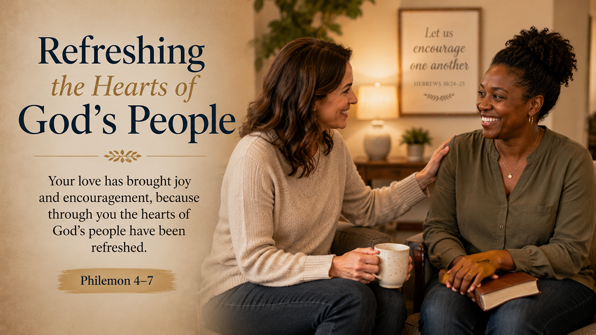 Refreshing the Hearts of God’s People: A wide 16:9 photo-realistic image of two modern church members sitting together in gentle light, one offering encouragement while the other smiles with relief. The image includes the title Refreshing the Hearts of God’s People and a paraphrase of Philemon 4–7.