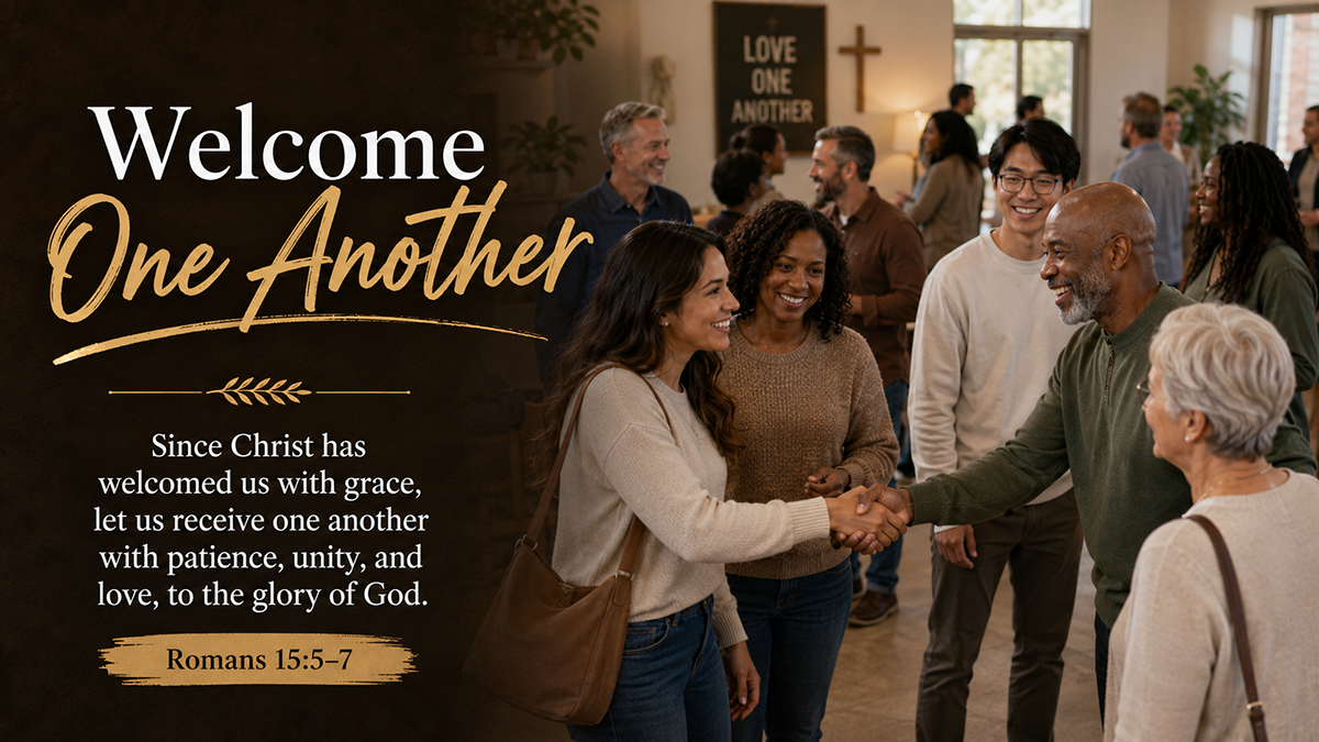 Welcome One Another: A wide 16:9 photo-realistic image of a diverse modern congregation sharing warm greetings after worship, with people of different ages smiling, shaking hands, and embracing. The image includes the title Welcome One Another and a paraphrase of Romans 15:5&ndash;7.