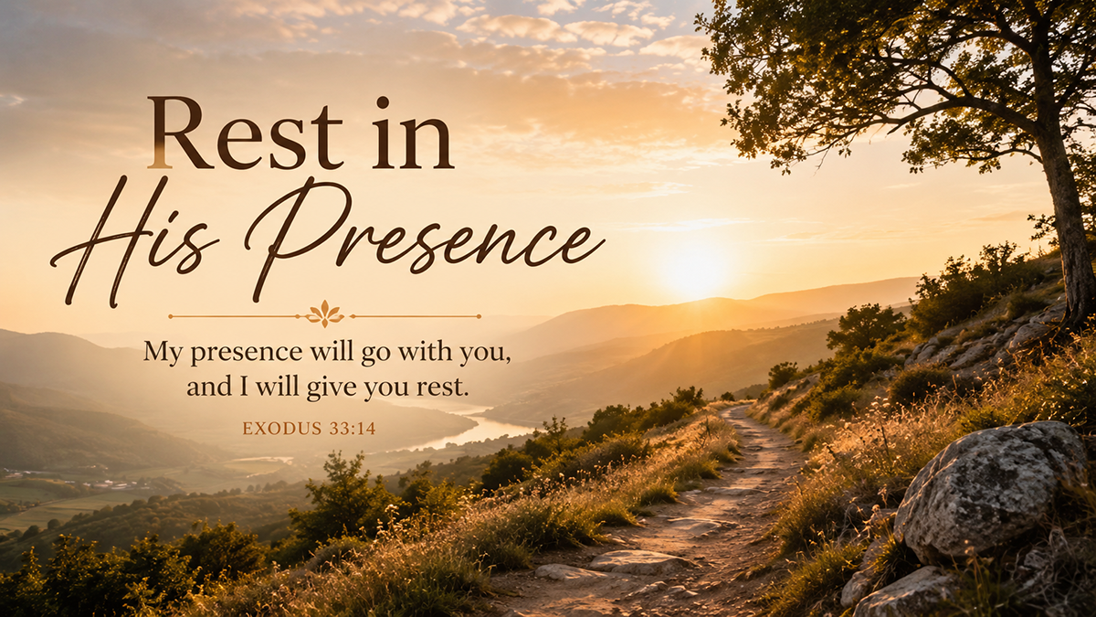 Rest in His Presence, a wide 16:9 photo-realistic image of a quiet wilderness path at sunrise with soft golden light leading forward, symbolizing God&rsquo;s presence guiding His people. The image includes the title Rest in His Presence and a paraphrase of Exodus 33:14.