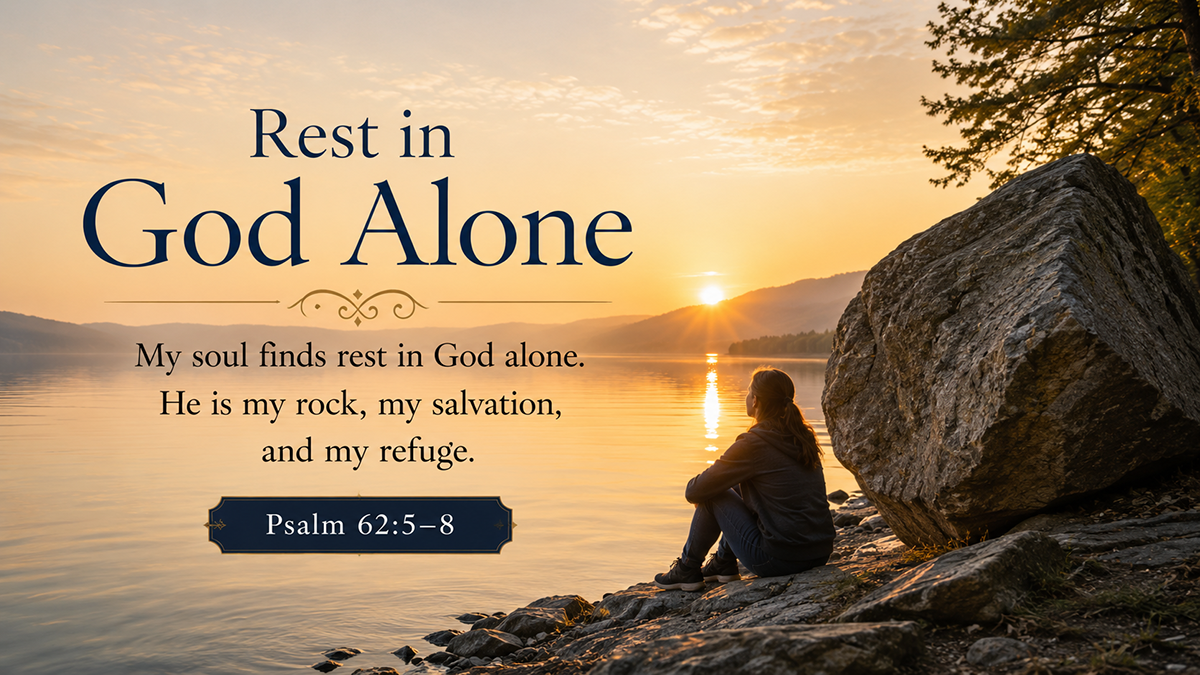 Rest in God Alone, a wide 16:9 photo-realistic image of a quiet person sitting near a large rock by still water at sunrise, symbolizing God as refuge and strength. The image includes the title Rest in God Alone and a paraphrase of Psalm 62:5-8.