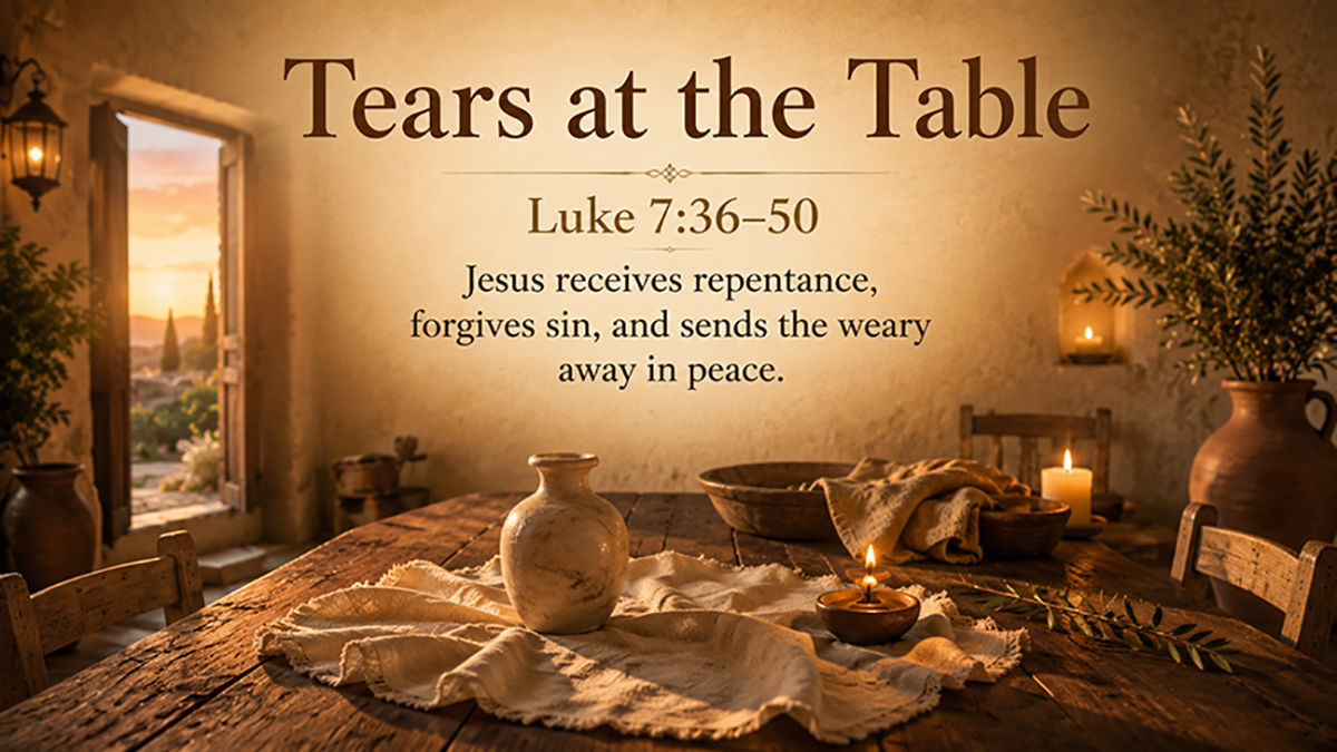 Tears at the Table, a wide 16:9 photo-realistic image of a simple dining table in soft candlelight with a small alabaster jar, a linen cloth, and warm shadows, symbolizing repentance, mercy, forgiveness, and restored dignity in Luke 7:36–50. The image includes the title Tears at the Table and a paraphrase of Luke 7:36–50.