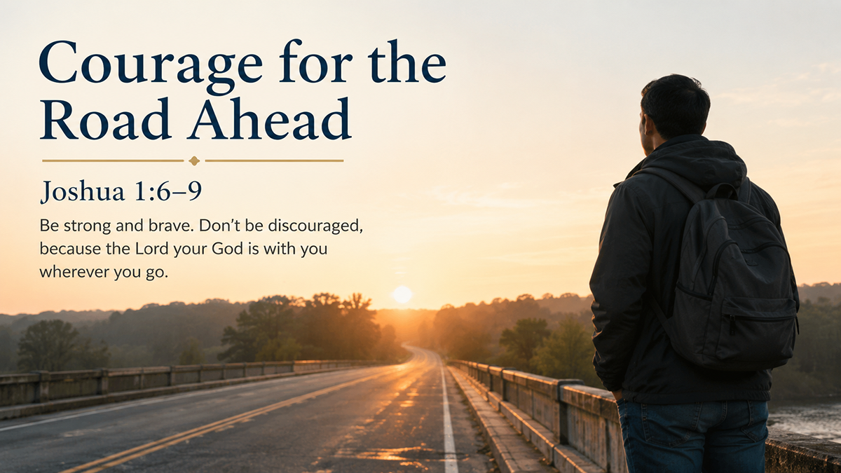 Courage for the Road Ahead — A wide 16:9 photo-realistic image of a modern person standing at the edge of a quiet bridge at sunrise, looking toward a road that continues into soft golden light, symbolizing courage, trust, and God’s presence on an uncertain path. The image includes the title Courage for the Road Ahead and a paraphrase of Joshua 1:6–9.