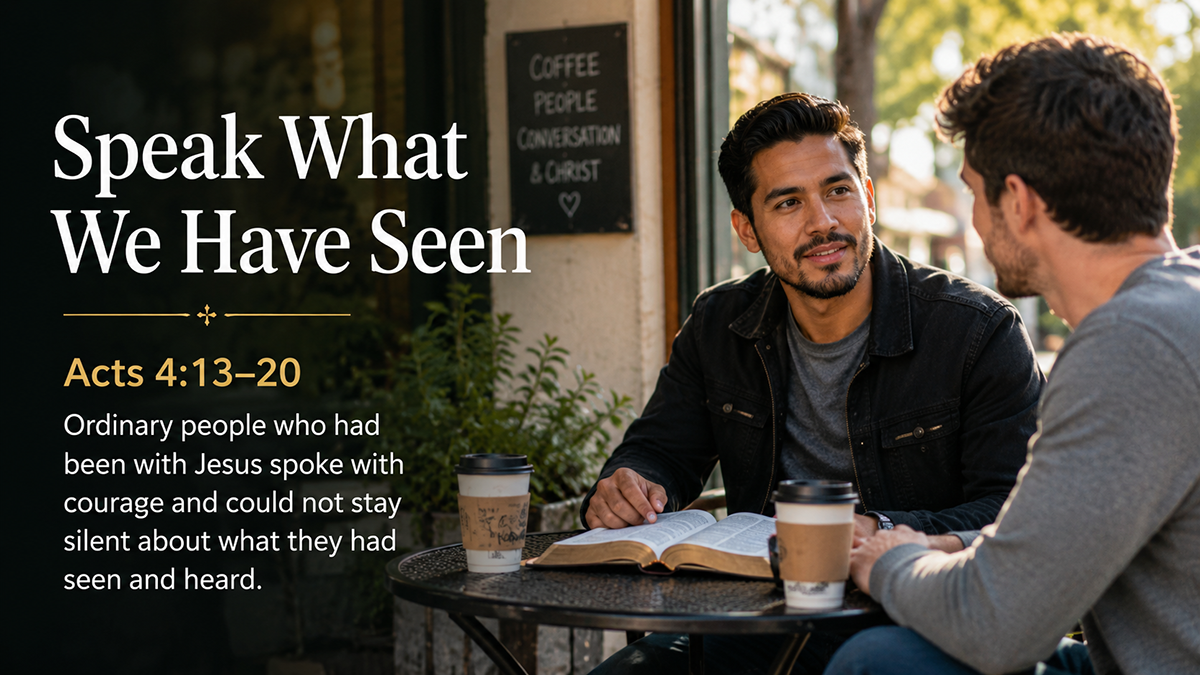 Speak What We Have Seen: A wide 16:9 photo-realistic image of two modern believers sitting at a small outdoor table with coffee and an open Bible, speaking gently with a friend in warm afternoon light, symbolizing humble witness and courage. The image includes the title Speak What We Have Seen and a paraphrase of Acts 4:13-20.