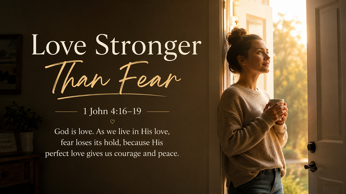 Love Stronger Than Fear: A wide 16:9 photo-realistic image of a modern person standing in soft morning light near an open doorway, with warm light spilling into a dim room, symbolizing God’s love overcoming fear. The image includes the title Love Stronger Than Fear and a paraphrase of 1 John 4:16-19.