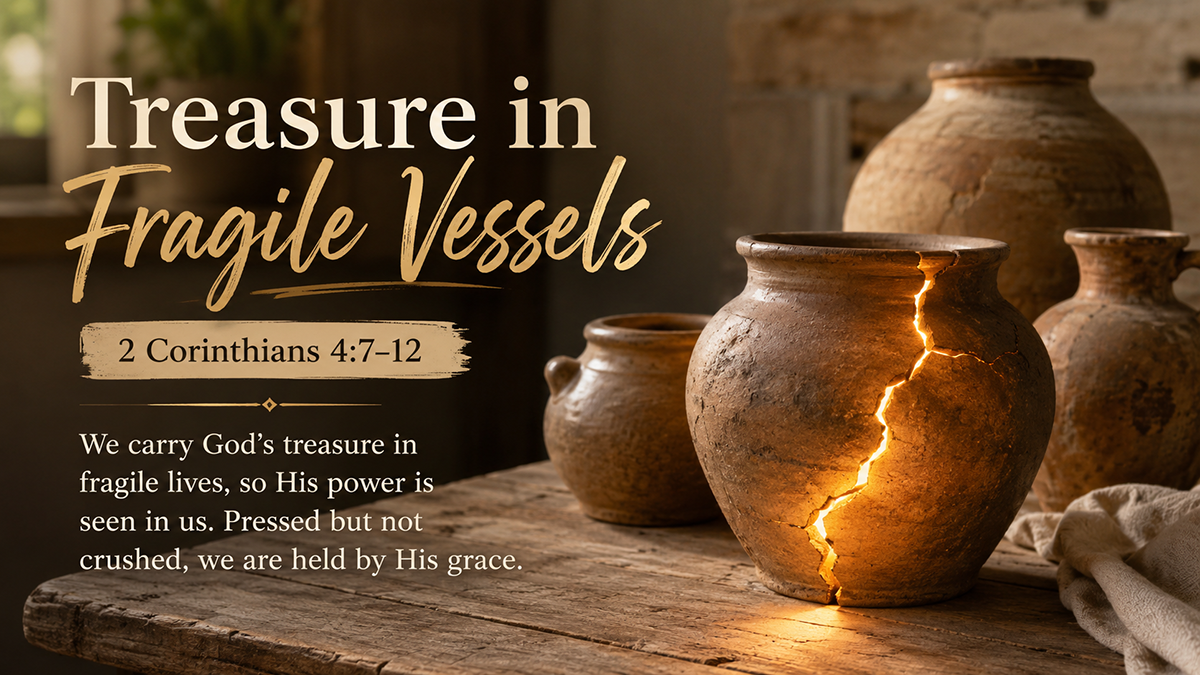 Treasure in Fragile Vessels: A wide 16:9 photo-realistic image of simple clay jars on a wooden table with warm light shining through one cracked vessel, symbolizing God’s power revealed through human weakness. The image includes the title Treasure in Fragile Vessels and a paraphrase of 2 Corinthians 4:7-12.