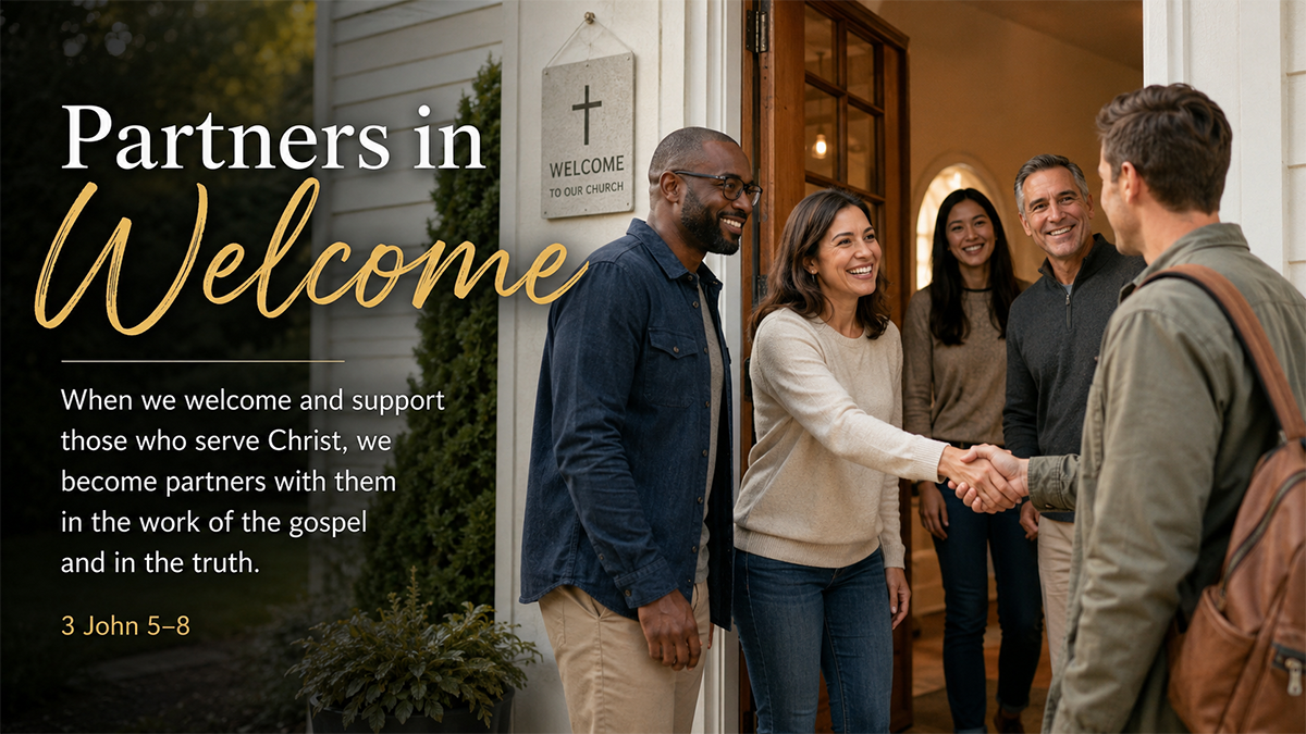 Partners in Welcome — A wide 16:9 photo-realistic image of modern church members warmly greeting a traveling guest at the doorway of a small church, with soft morning light and welcoming smiles. The image includes the title Partners in Welcome and a paraphrase of 3 John 5–8.