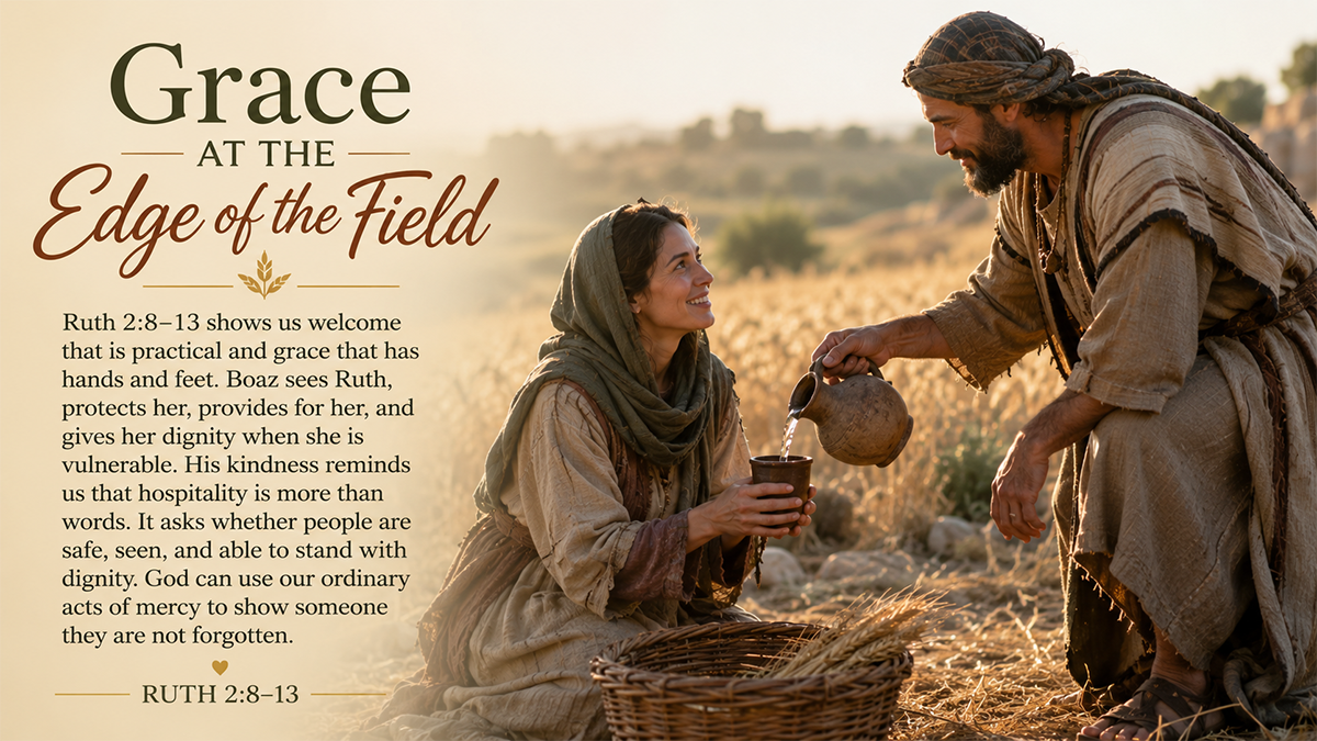 Grace at the Edge of the Field: A wide 16:9 photo-realistic image of a modern farm field at golden hour, with a kind farmer offering bottled water to a tired woman near the edge of the field, symbolizing dignity and welcome. The image includes the title Grace at the Edge of the Field and a paraphrase of Ruth 2:8–13.
