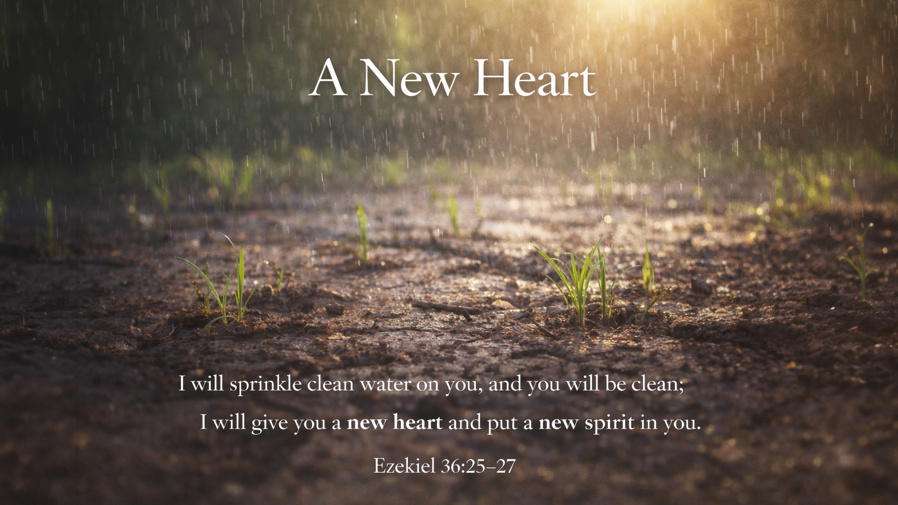 A New Heart — A wide 16:9 photo-realistic image of gentle rain falling over dry ground as fresh green plants begin to emerge, symbolizing renewal and spiritual transformation. The image includes the title A New Heart and the full scripture text of Ezekiel 36:25–27.