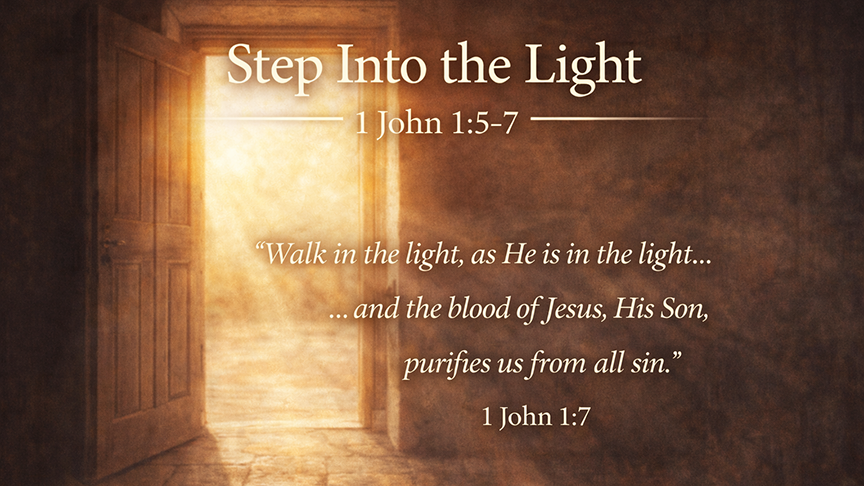 “Step Into the Light” A wide photo-realistic image of a doorway opening into bright sunlight from a dim room, symbolizing walking in the light and cleansing grace in 1 John 1:5–7.