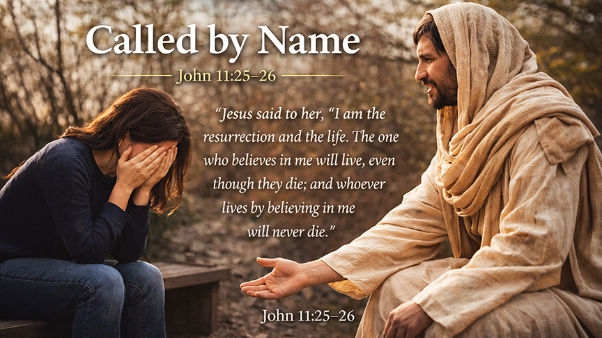 Called by Name  A wide devotional slide showing a grieving woman seated on a bench with her face in her hands while Jesus, dressed in light robes, sits beside her and reaches out with compassion. The background is a modern outdoor setting with soft trees and warm light, and the slide includes John 11:25–26 with the title and full scripture text overlaid.