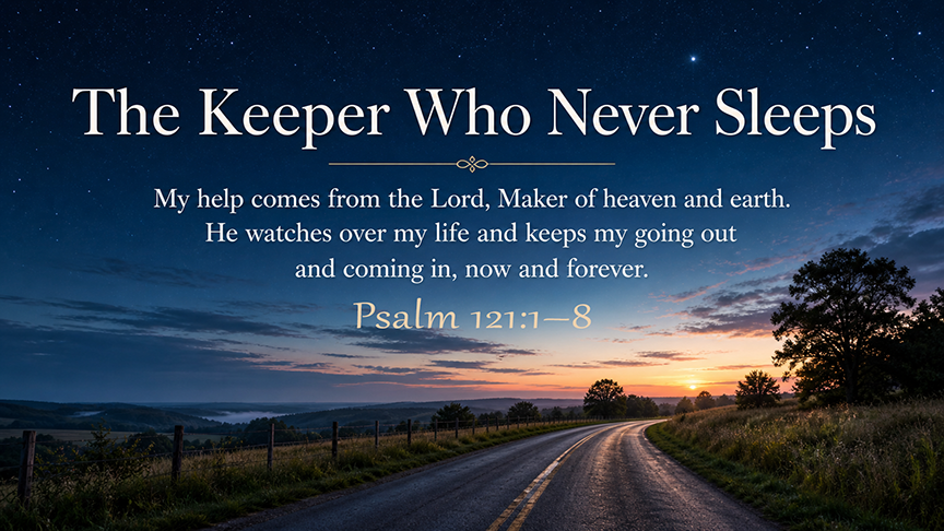The Keeper Who Never Sleeps, a wide 16:9 photo-realistic image of a quiet country road under a night sky just before dawn, with soft light beginning to rise on the horizon. The image includes the title The Keeper Who Never Sleeps and a paraphrase of Psalm 121:1–8.