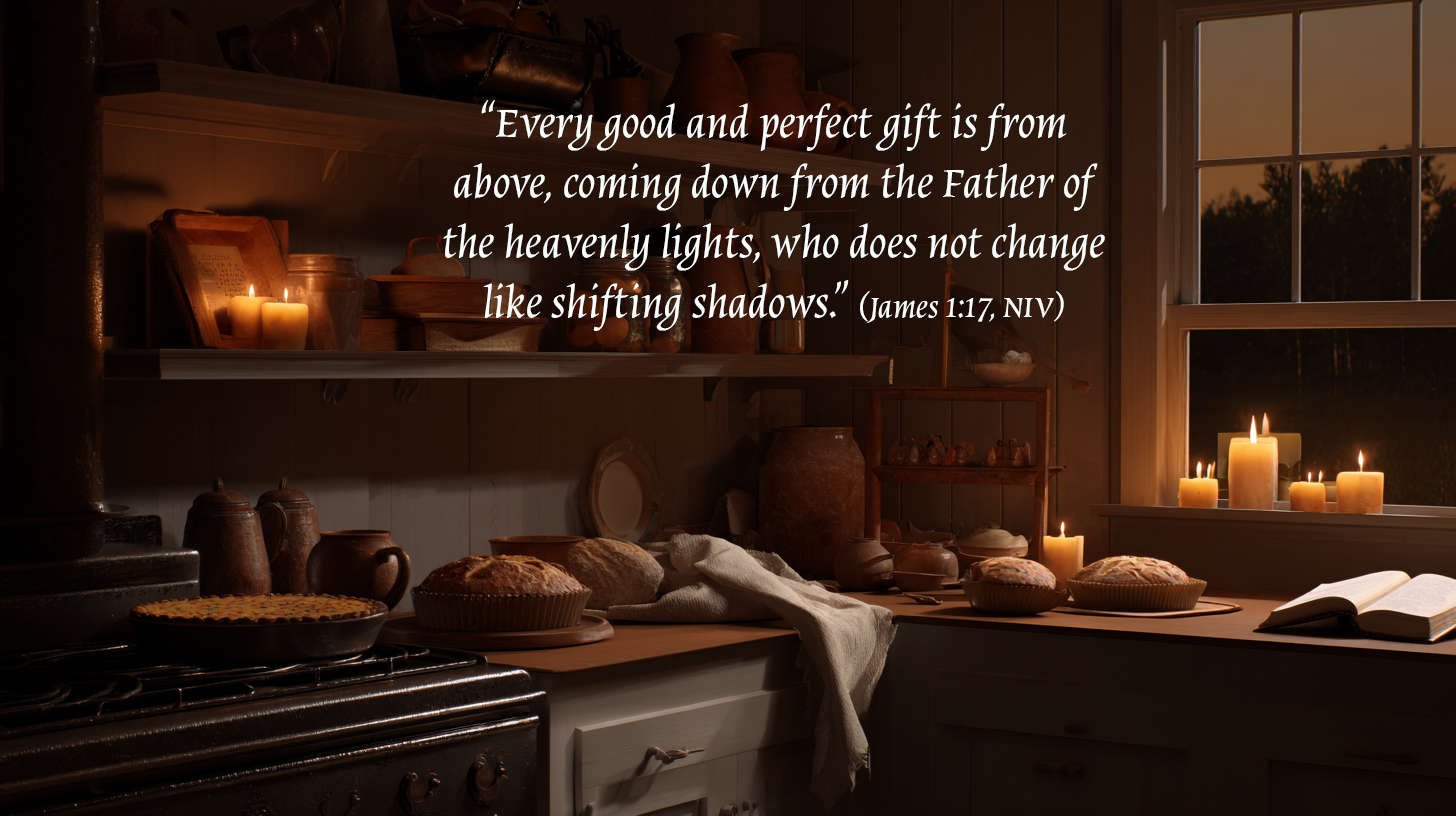Simple table with bread and water in sunlight, symbolizing contentment and gratitude and the gift of enough