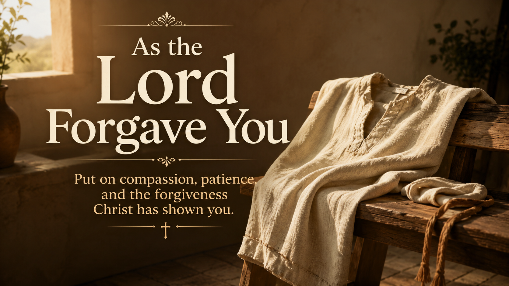 A wide, photo-realistic image of a simple linen garment resting across a wooden bench in warm morning light, symbolizing putting on compassion and mercy. The image includes the title As the Lord Forgave You and the visible paraphrase: &ldquo;Put on compassion, patience, and the forgiveness Christ has shown you.&rdquo;
