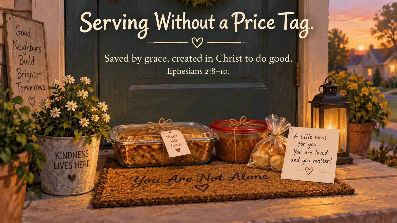Wide 16:9 warm illustration of a homemade meal in simple containers beside a handwritten note at a neighbor&rsquo;s doorway. Visible title: &ldquo;Serving Without a Price Tag.&rdquo; Visible Scripture paraphrase: &ldquo;Saved by grace, created in Christ to do good.&rdquo; Include &ldquo;Ephesians 2:8&ndash;10.&rdquo;