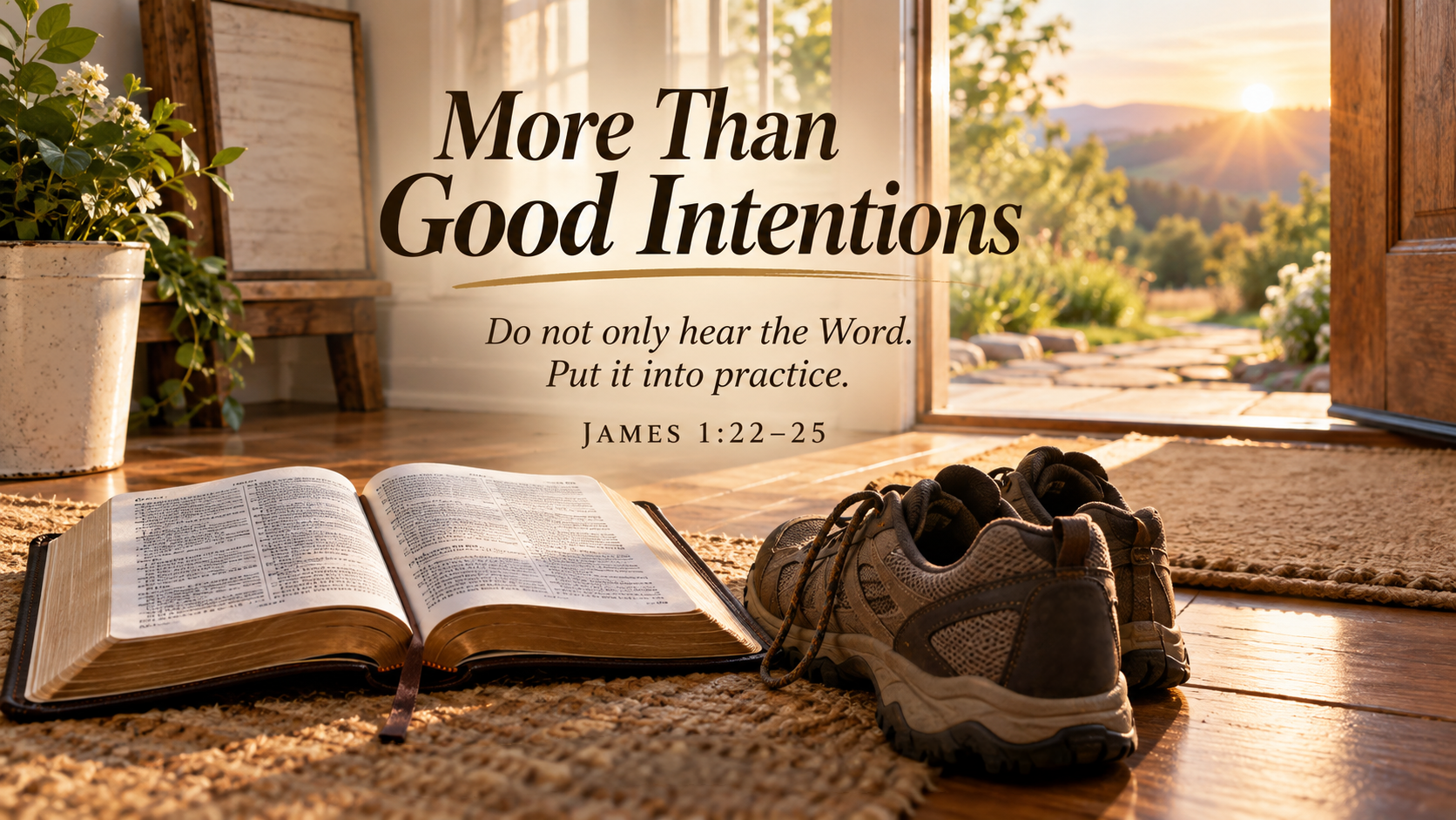 A wide, photo-realistic image of an open Bible beside a pair of walking shoes near a doorway filled with morning light. The image includes the title More Than Good Intentions and the visible paraphrase: &ldquo;Do not only hear the Word. Put it into practice.&rdquo;