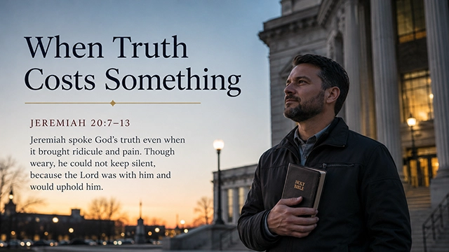 When Truth Costs Something: A wide 16:9 photo-realistic image of a modern person standing quietly outside a courthouse or public building at dusk, holding a small Bible close to their chest with city lights behind them, symbolizing courage, truth, and faithful witness. The image includes the title When Truth Costs Something and a paraphrase of Jeremiah 20:7-13.