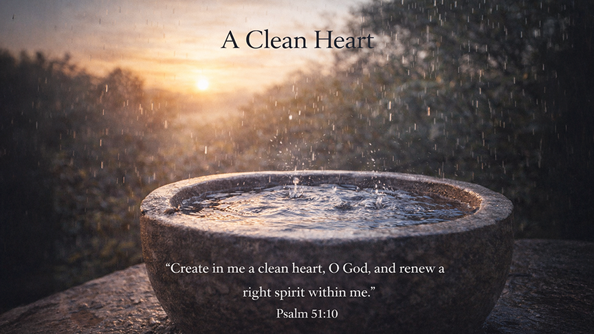 A Clean Heart — A wide 16:9 photo-realistic image of gentle rain falling on a simple stone basin of clear water at sunrise, symbolizing cleansing and renewal. The image includes the title A Clean Heart and the full scripture text of Psalm 51:10.