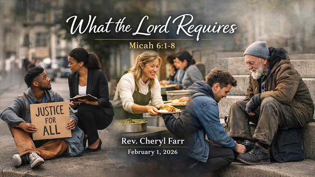 Wide-format image showing Jesus in modern clothing standing on a city sidewalk at sunset, extending His hand toward a diverse group of ordinary people with backpacks and everyday attire. A contemporary city skyline rises behind them as warm light breaks through the clouds, symbolizing Christ’s call to discipleship in everyday life. Text on the image reads: “Calling Us to Follow,” “Matthew 4:12–23,” “Rev. Cheryl Farr,” and “January 25, 2026.”